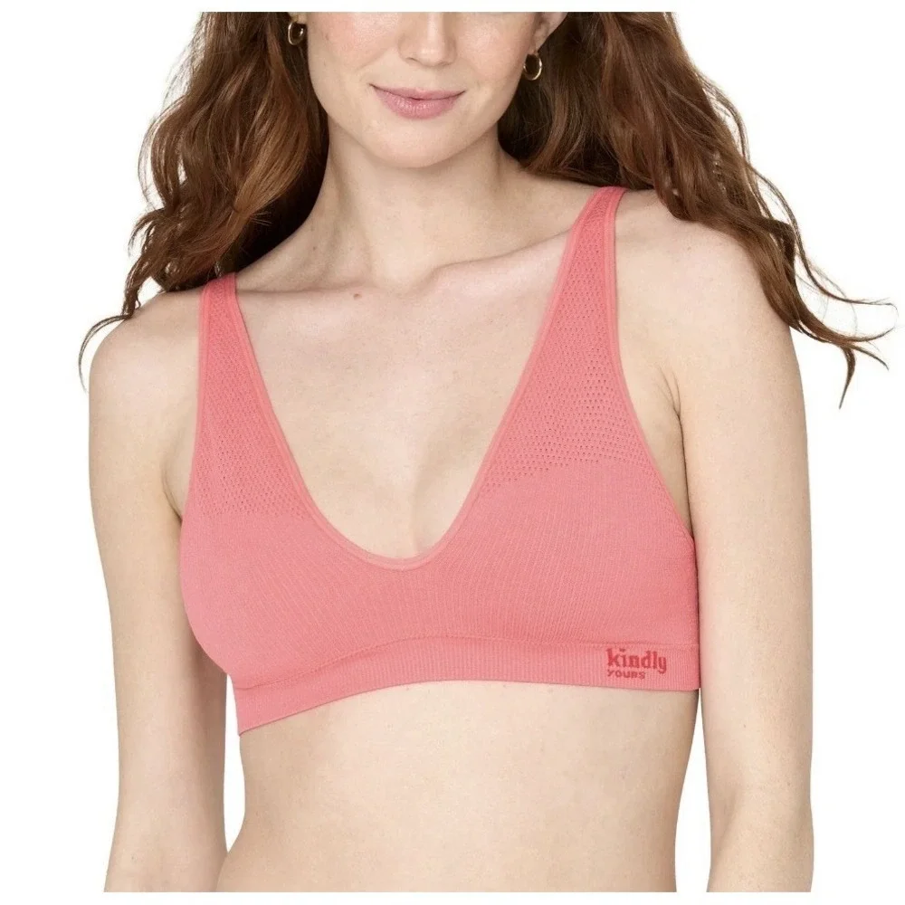Kindly Yours Women's Wire-Free Seamless Plunge Bralette, Size Small‎ - Coral